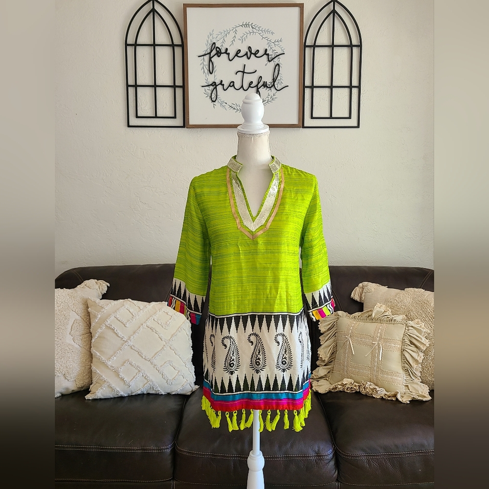 Soft Surroundings Green Sequined Tassel Trim Paisley Print Tunic‎ Top Size P/S